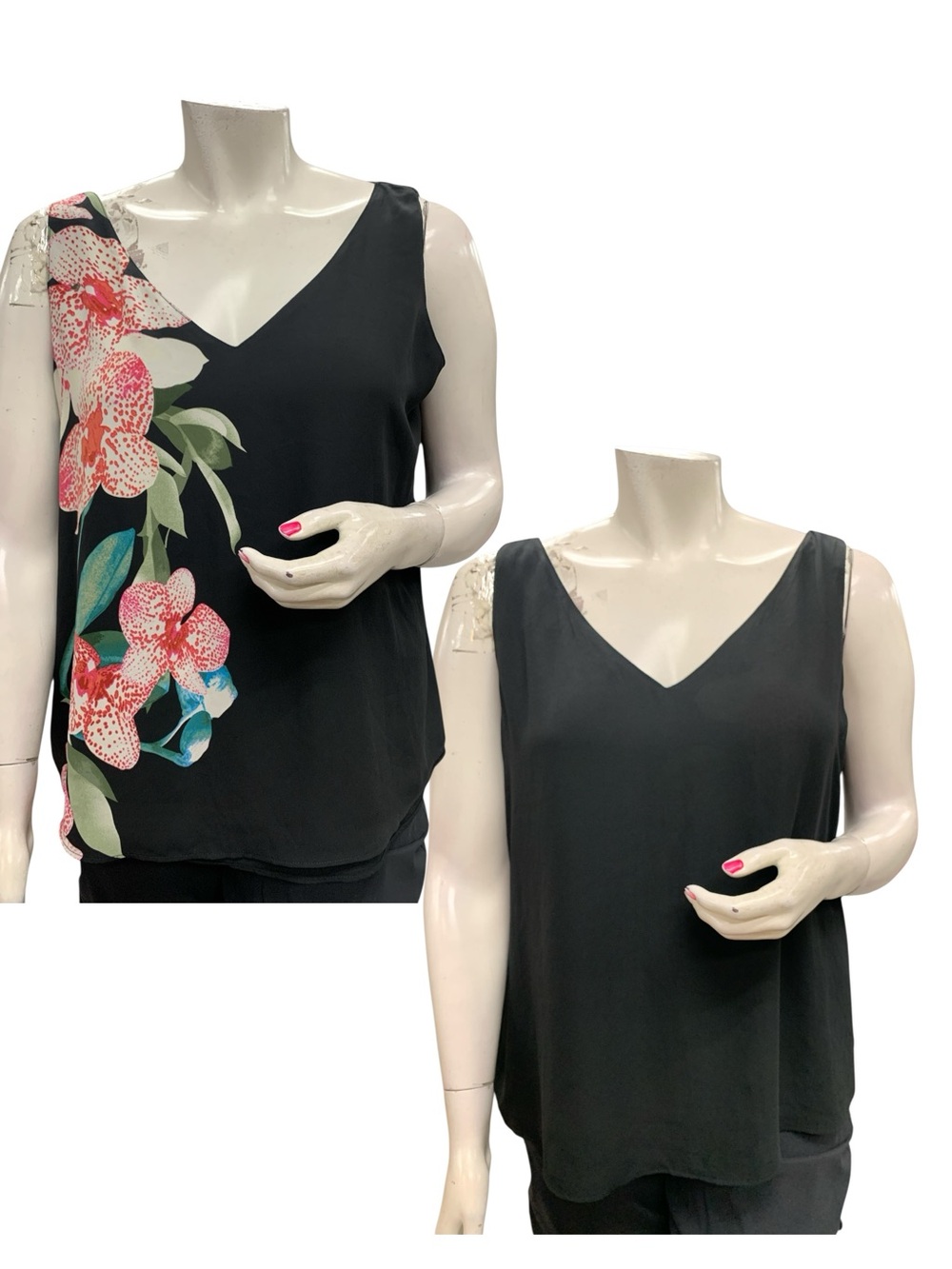 Black V-Neck Sleeveless Camisole with Floral Side Print
